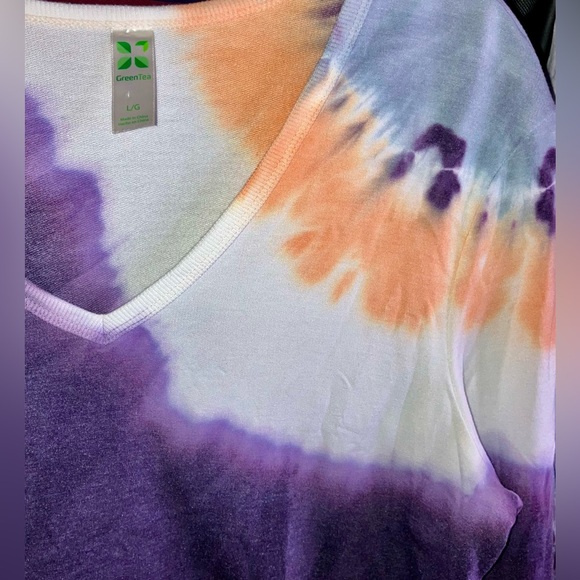 Women's Green Tea Long Sleeve Multi-Color Tie Dye V-neck Top/Sweatshirt, Large L - Picture 5 of 7